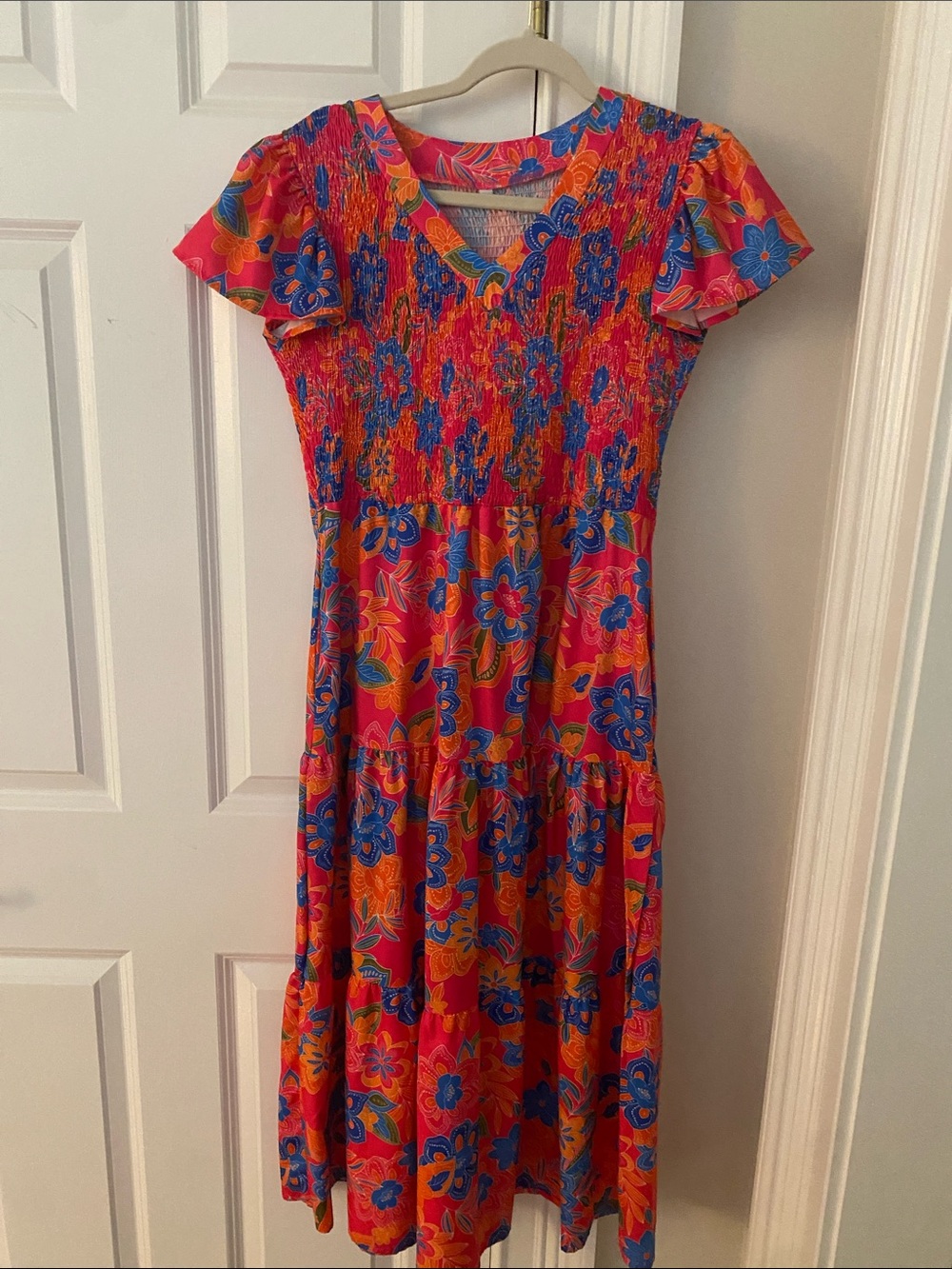 Vibrant Pink & Blue Floral Midi Dress with Smocked Bodice